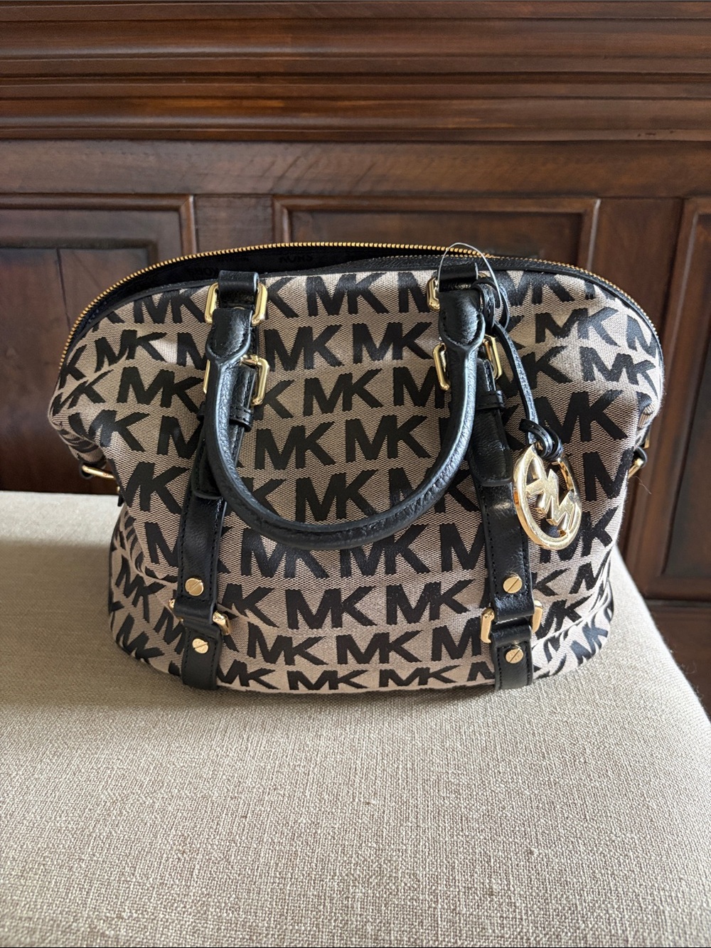Michael Kors Black and Beige MK Logo Satchel with Gold-tone Accent